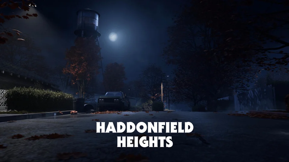 Residential street at night in the Haddonfield Heights flythrough