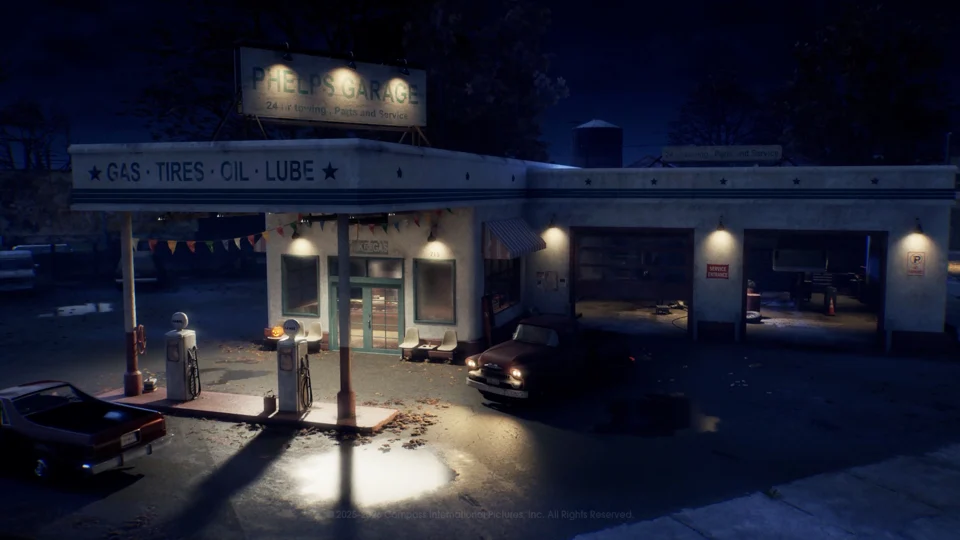 A lit gas station at night in the official locations overview